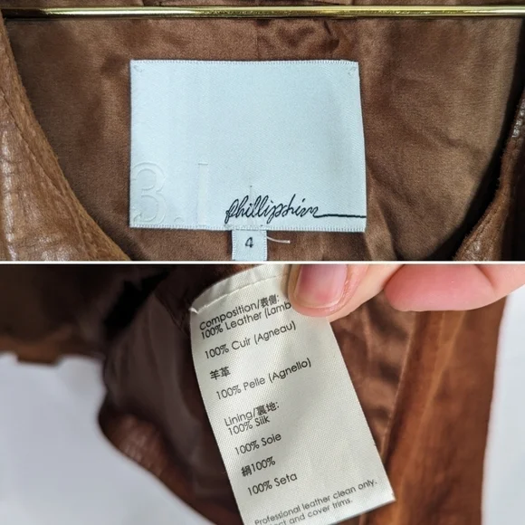 3.1 Phillip Lim Brown Cognac Lambskin Leather Ruffled Zip Up Moto Jacket Size 4 - Picture 10 of 12